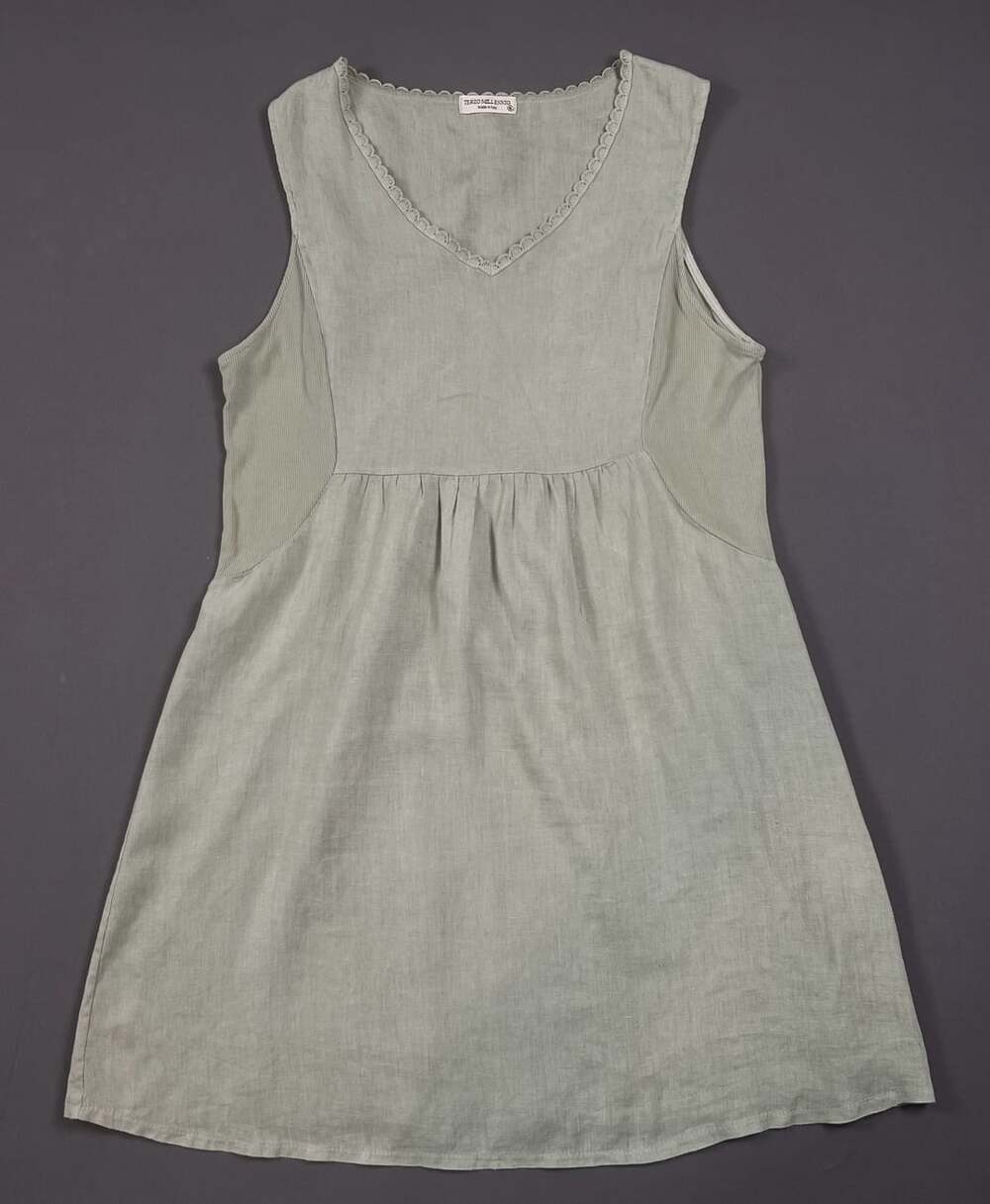 Terzo Millennio Linen Dress Size XL Green V-Neck Sleeveless Made in Italy
